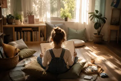 Child Reading in Sunlit Classroom Corner
