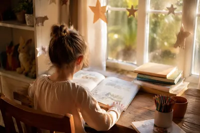 Child Reading in a Cozy Morning Nook