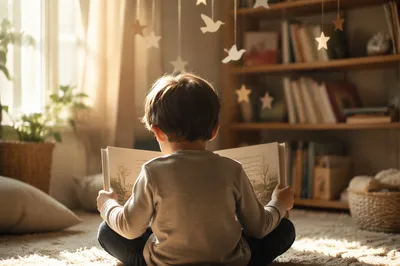 Child Reading in Sunlit Home Corner