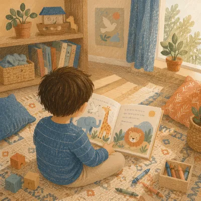 Child Reading Picture Book on Rug