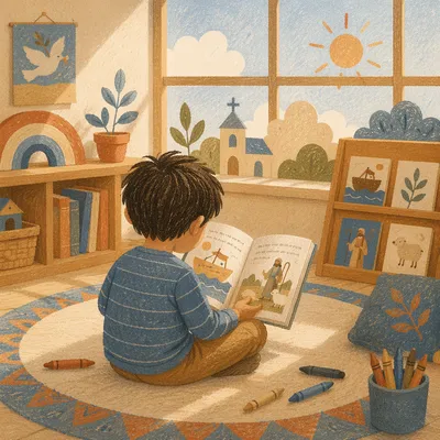 Child Reading Picture Book on Classroom Rug
