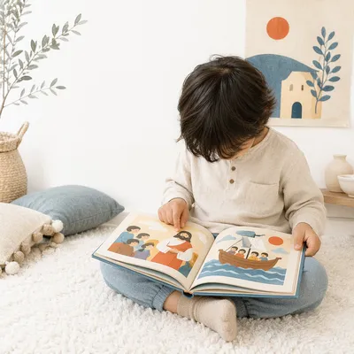 Child Reading Picture Book on Floor