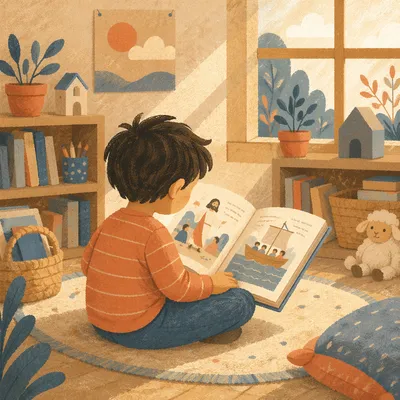 Child Reading Picture Book on Classroom Floor
