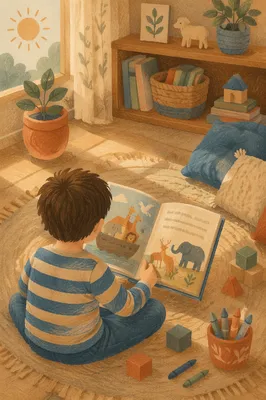 Child Reading Picture Book on Rug