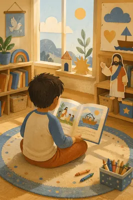 Child Reading Picture Book on Rug