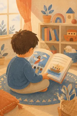 Child Reading Picture Book on Floor