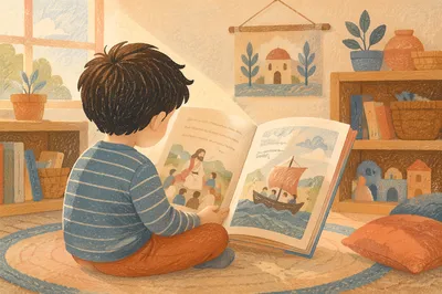 Child Reading Picture Book on Classroom Floor