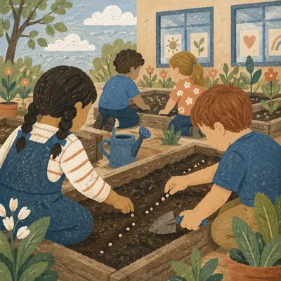 Children Planting Seeds in School Garden