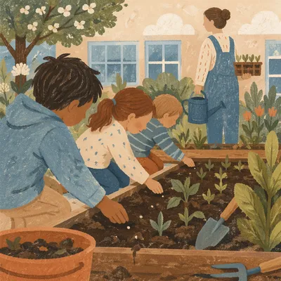 Children Planting Seeds in School Garden