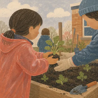Children Planting Seedlings in School Garden