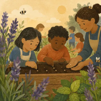 Children Planting Seeds in School Garden