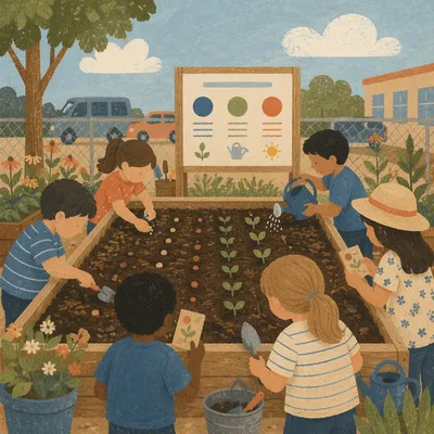 Children Planting Seeds in School Garden