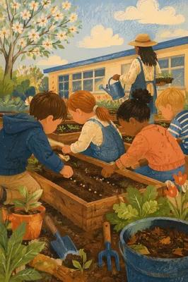 Children Planting Seeds in School Garden