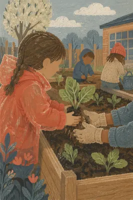 Children Planting Seedlings in School Garden