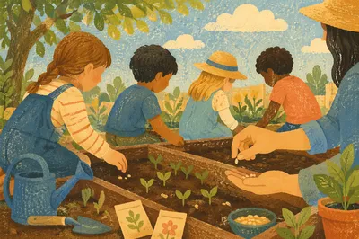 Children Planting Seeds in School Garden