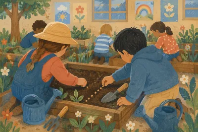 Children Planting Seeds in School Garden