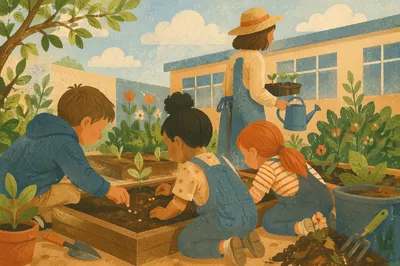 Children Planting Seeds in School Garden