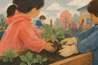 Children Planting Seedlings in School Garden