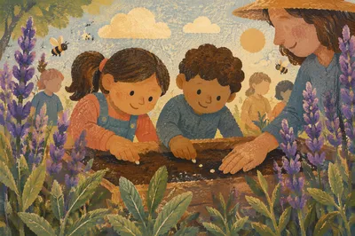 Children Planting Seeds in School Garden