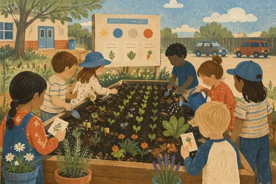 Children Planting Seeds in School Garden