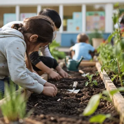 Children Planting Seeds in School Garden