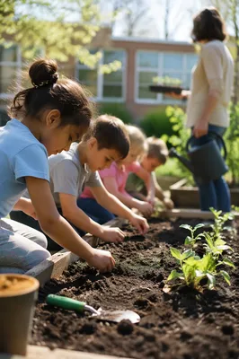Children Planting Seeds in School Garden