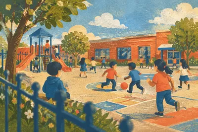 Joyful School Recess on Colorful Playground