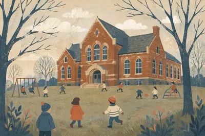Historic Brick School Recess Scene