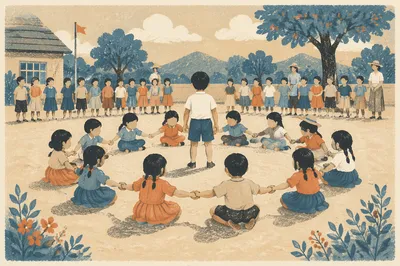 Vintage School Recess Circle Game Scene