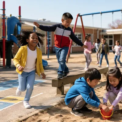 Sunny Elementary Playground Recess With Diverse Children