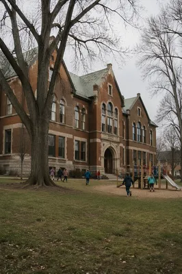Historic Brick School Recess Playground Scene