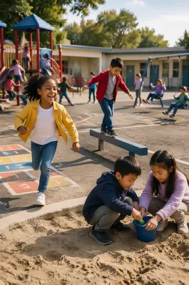 Children Playing at Sunny School Playground