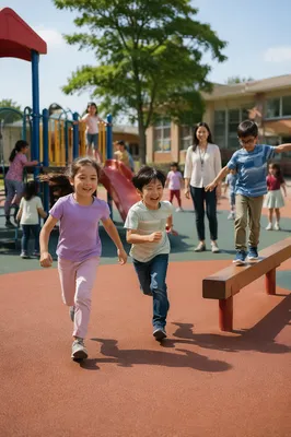Children Playing at Sunny School Playground