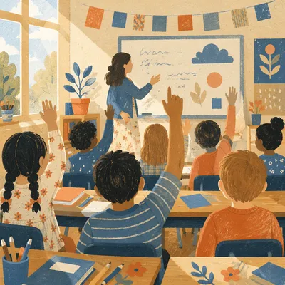Children Raising Hands in Bright Classroom