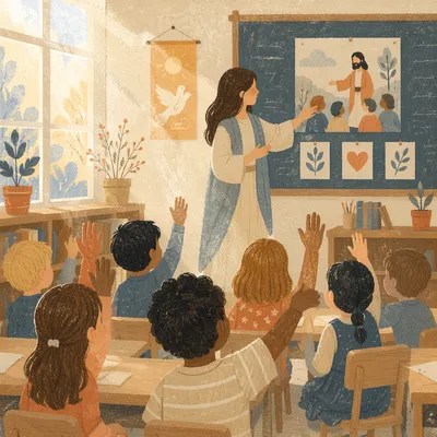 Children Raising Hands in Bright Classroom