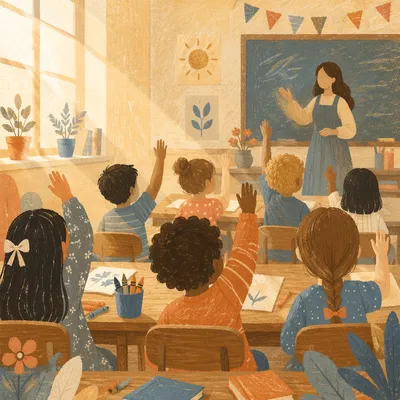 Children Raising Hands in Bright Classroom