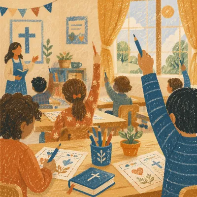 Children Raising Hands in Warm Classroom