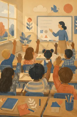 Children Raising Hands in Bright Classroom