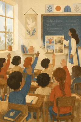 Children Raising Hands in Bright Classroom