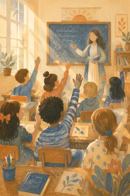 Children Raising Hands in Bright Classroom
