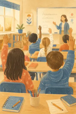 Children Raising Hands in Bright Classroom
