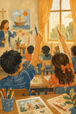 Children Raising Hands in Sunny Classroom