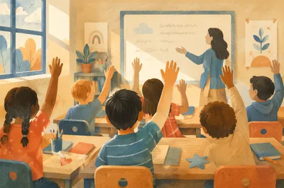 Children Raising Hands in Bright Classroom