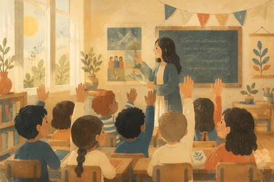 Children Raising Hands in Bright Classroom
