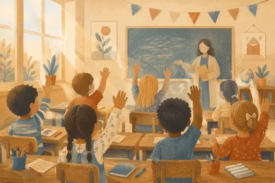 Children Raising Hands in Bright Classroom