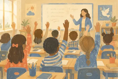 Children Raising Hands in Bright Classroom