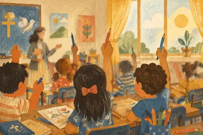 Children Raising Hands in Warm Classroom