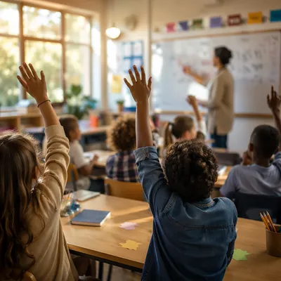 Eager Students Raising Hands in Classroom