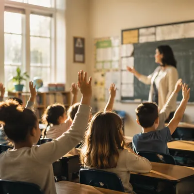 Children Raising Hands in Bright Classroom