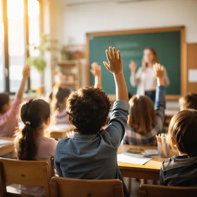 Children Raising Hands in Bright Classroom
